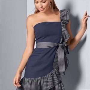 NWOT Venus Blue Denim Ruffle One Shoulder Mini Dress